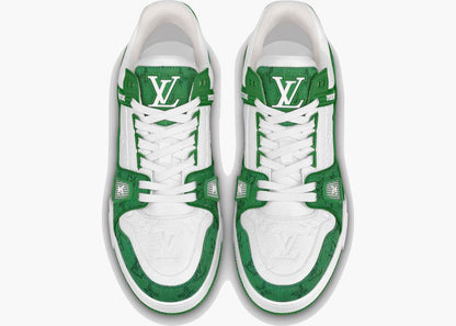 LV Trainer Shoes in green monogram denim and white grained calf
