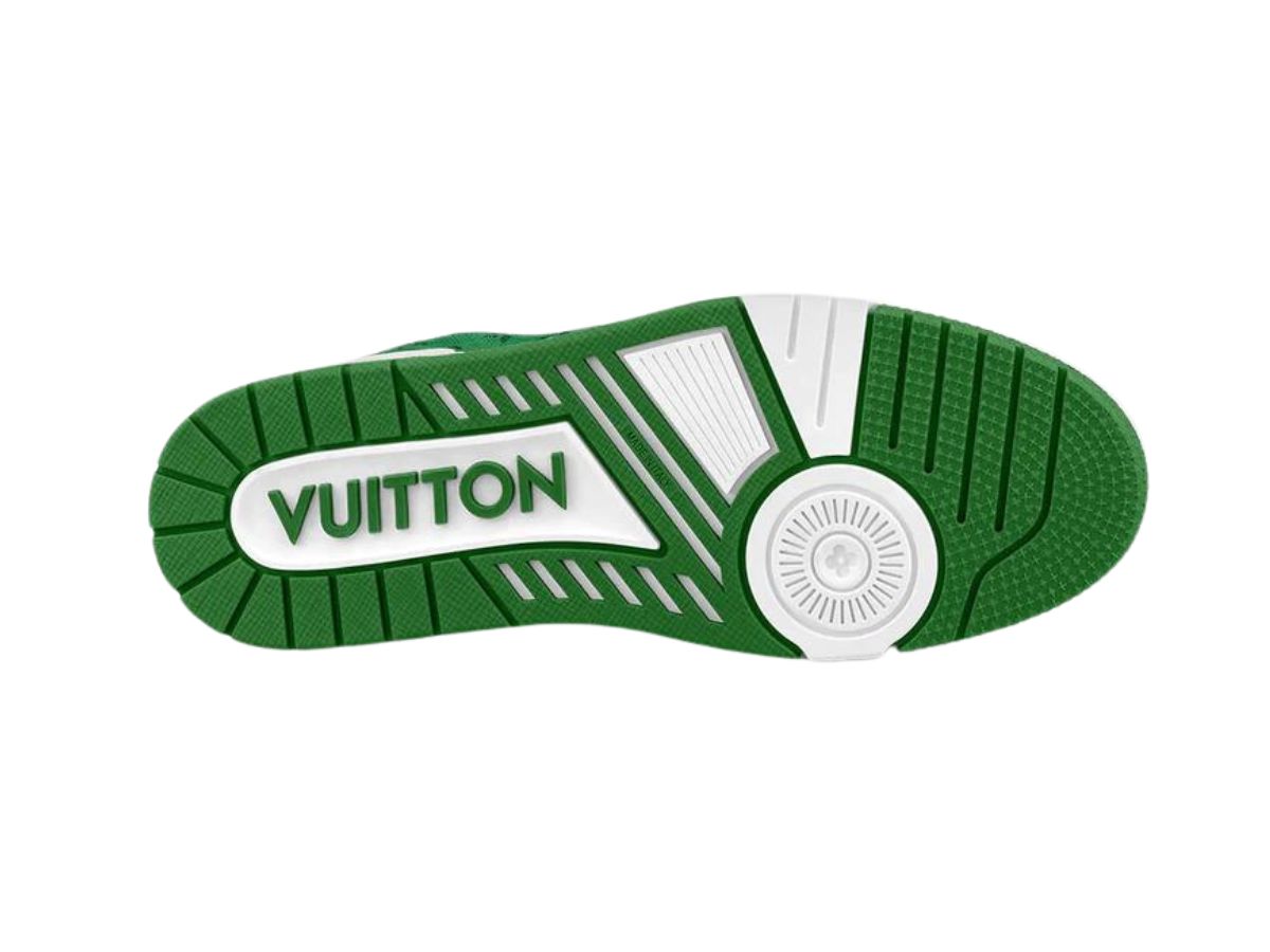 LV Trainer Shoes in green monogram denim and white grained calf